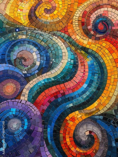 An overhead view captures the beauty of mosaic art created by assembling tiny  colorful tiles into a vibrant pattern