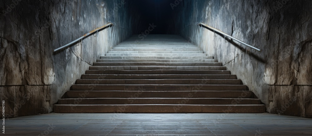 A dimly lit hallway with rugged walls stretches into the distance. Stairs ascend towards a bright light shining at the end, creating a stark contrast of darkness and illumination.