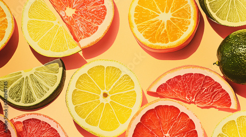Sliced citrus fruits on yellow background. Flat lay composition with copy space. Healthy eating and summer refreshment concept.