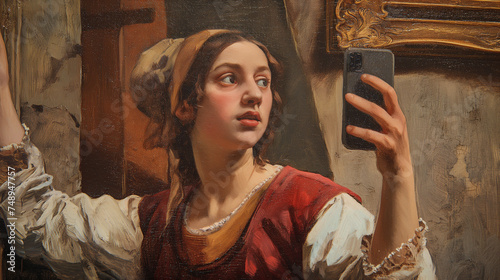 Classical medieval painting portrait of a woman taking a selfie. Fusion of traditional art and modern technology. Social media concept. 