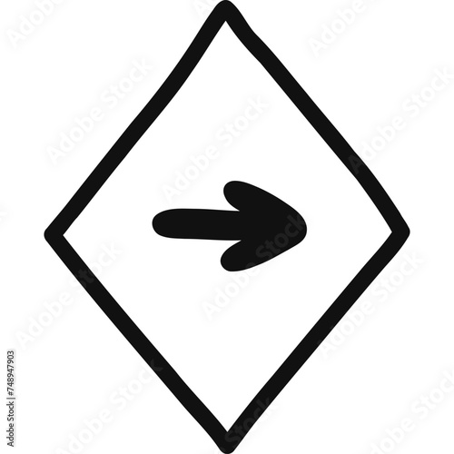 Cute hand drawn mark arrow in checkbox in the shape of rhombus. Tick arrow point as postpone sign for weekly planner, notebook. Diary note element