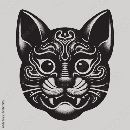Beautiful ancient Japanese evil cat mask. Vintage black engraving hand drawn illustration, logo, emblem