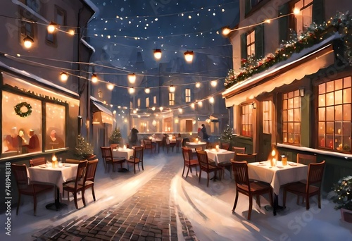 European restaurant terrace adorned with twinkling lights, where outdoor heaters emit a warm glow against the winter chill photo