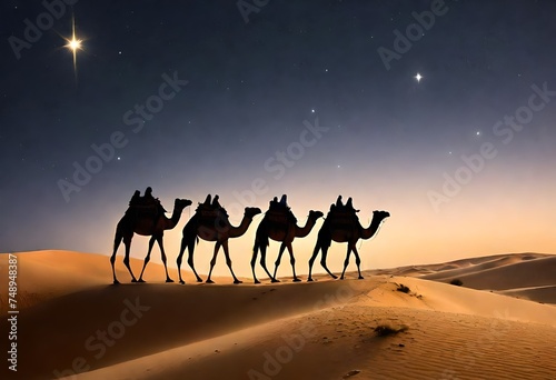 A trio of majestic camels traverse desert dunes, guided by the celestial glow of the Bethlehem star above