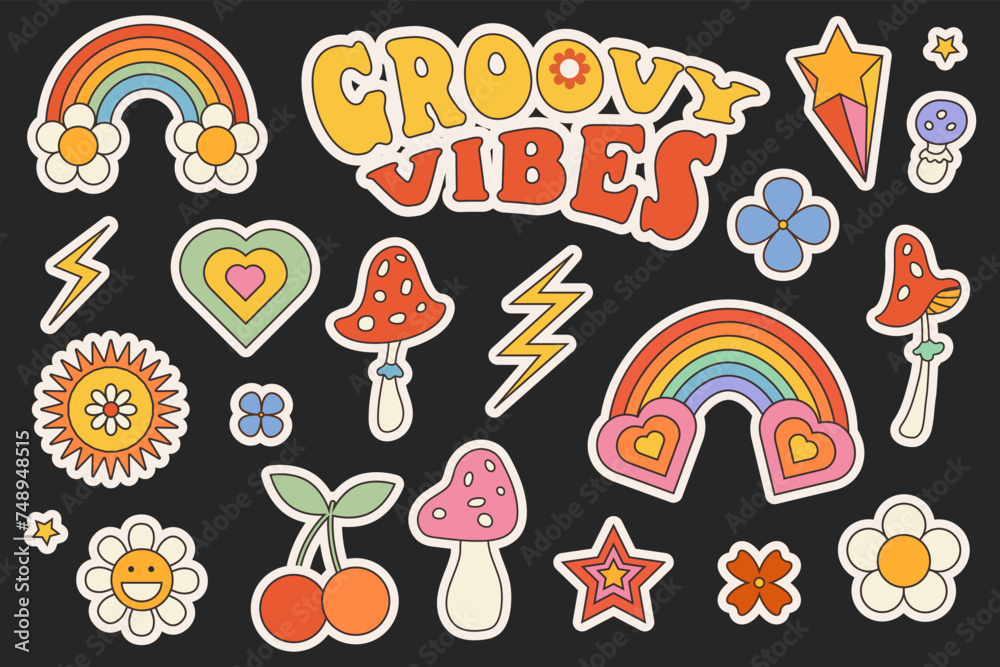 Retro Groovy stickers hippie style. Pop Art Patches. Set cute retro labels 70s. Retro prints with hippie elements for T-shirt, cards, stickers. Isolated on black background