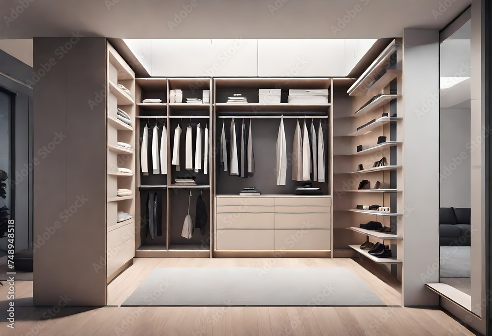 A master closet with futuristic sliding shelves and compartments, seamlessly blending into the wall for a minimalist look A master closet with futuristic sliding shelves and compartments, seamlessly blending into the wall for a minimalist look