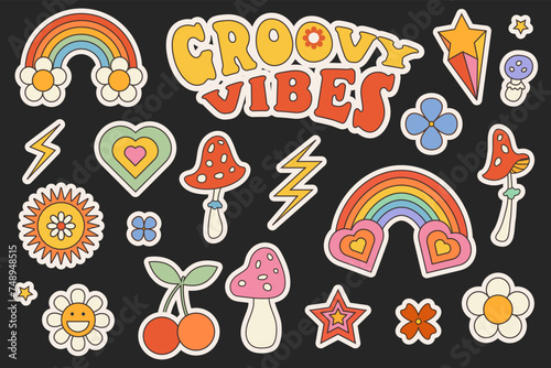 Retro Groovy stickers hippie style. Pop Art Patches. Set cute retro labels 70s. Retro prints with hippie elements for T-shirt, cards, stickers. Isolated on black background