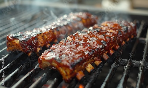 Grilled ribs on the grill. photo