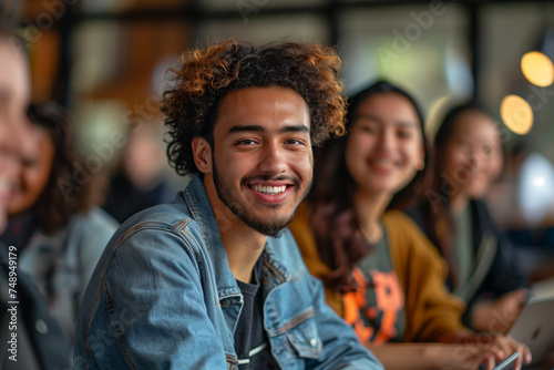 A digital platform connecting mentors with mentees for career guidance. A crowd of happy young people smiling at the camera while sitting at a table photo