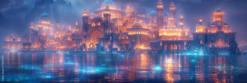 An Atlantis themed wonderland located in the heart of the oceans abyss where bioluminescent creatures illuminate the waters Fantasy meets reality as the citys spires - obrazy, fototapety, plakaty 
