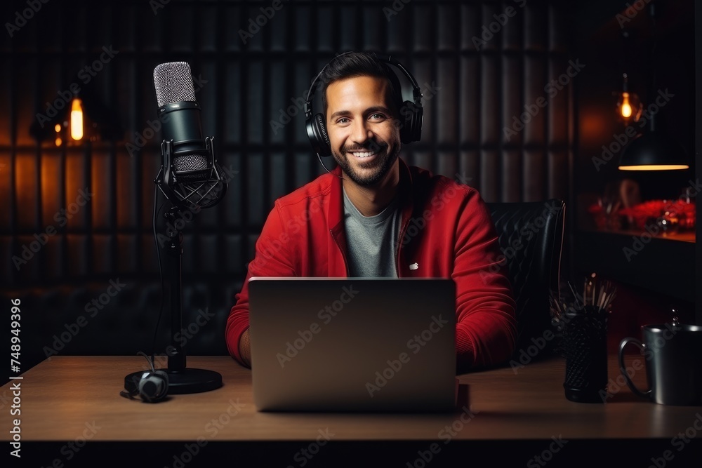 A cheerful male podcaster records an episode in a professional studio setup, radiating positivity and engagement. A cheerful male podcaster records an episode in a professional studio setup, radiating positivity and engagement.