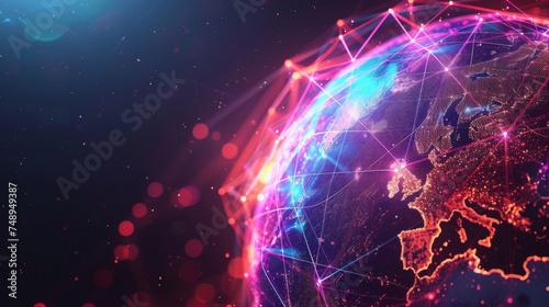 Illustration of a digital globe with glowing network connections, symbolizing global communication and data exchange.