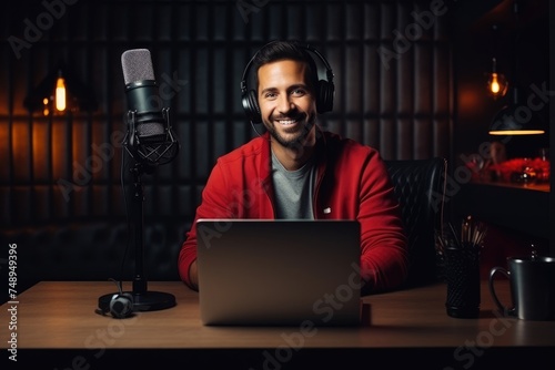 A cheerful male podcaster records an episode in a professional studio setup, radiating positivity and engagement.