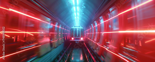 A realistic scenery of a subway car speeding through a tunnel its motion blur captured through a neon light speed long exposure technique emphasizing calming symmetry