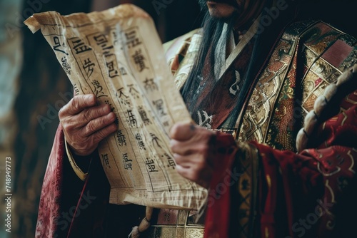 Close up of a Three Kingdoms strategist holding ancient scrolls plotting the next move photo