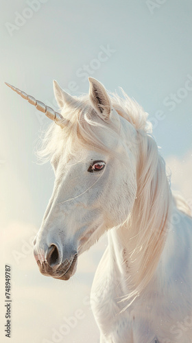 Close up realistic photo of a white unicorn its mane flowing like silk in the gentle breeze eyes sparkling with magic