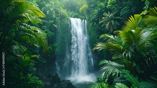 Remote Rainforest Setting in Lomboks Features a Serene Waterfall Surrounded by Lush Tropical Foliage. Concept Travel Destinations, Rainforest Adventure, Tropical Waterfalls, Lombok Island