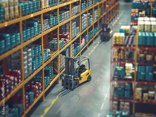 Robotic forklifts operating seamlessly in a modern logistic center surrounded by stacks of goods