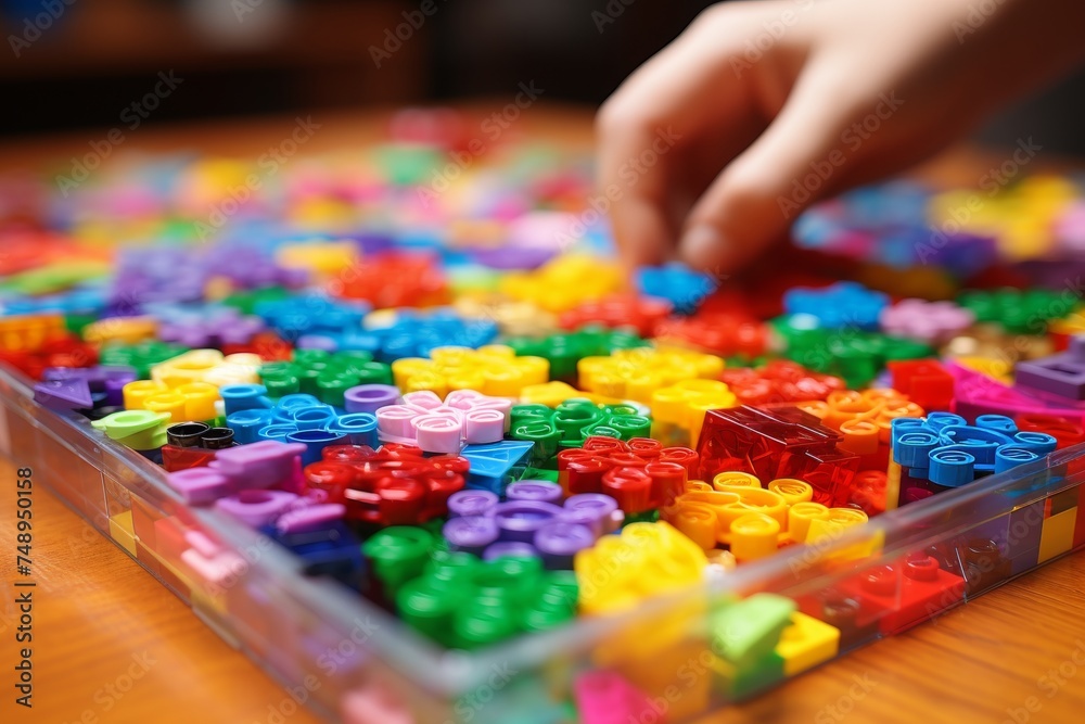Fototapeta premium Close up of young boys hand playing with colorful high-definition plastic construction blocks
