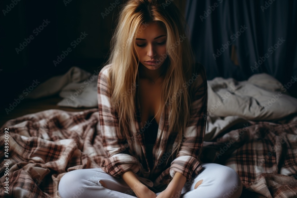 Close-up of upset woman with eyes closed in anger on bed in jeans and white t-shirt Close-up of upset woman with eyes closed in anger on bed in jeans and white t-shirt