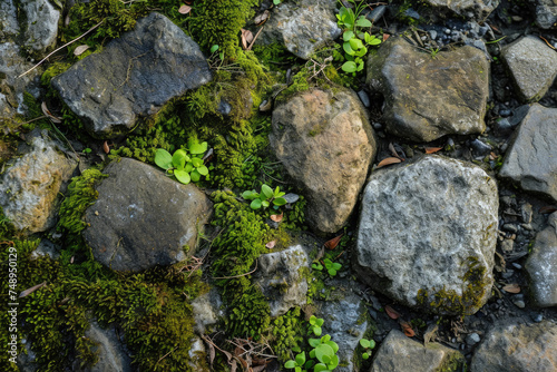 A stone texture with moss and pebbles