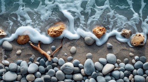 A minimalist composition of a rocky shoreline, with smooth pebbles scattered ...
