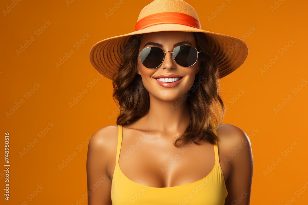 Beautiful girl in sunglasses and hat on yellow background. Summer beauty concept Beautiful girl in sunglasses and hat on yellow background. Summer beauty concept