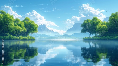A minimalist composition of a tranquil lake, with calm waters reflecting the ...