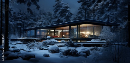 a house sitting in a forest at night