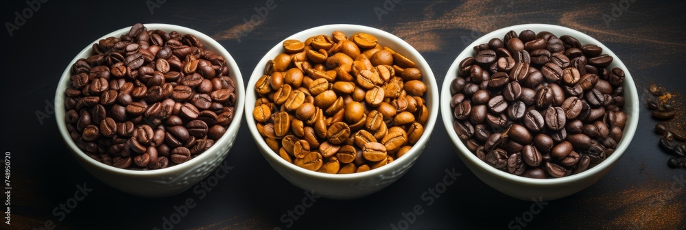 Top view of three types of coffee beans on dark vintage background, space for text