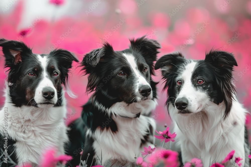 Three Border Collies in Harmony, Embracing Friendship on Lush Green - Generative AI