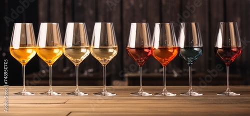 a line of glass wine glasses with drinks