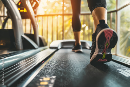 A person walking on a treadmill with a heart rate monitor and a TV