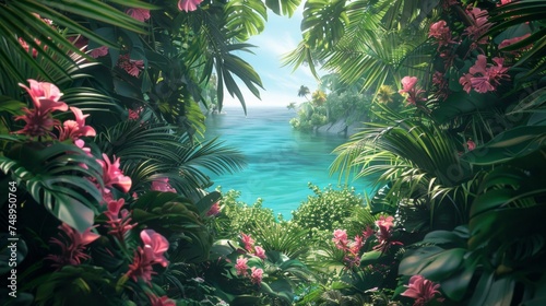 A minimalist composition of a tropical paradise, with lush greenery, exotic flowers