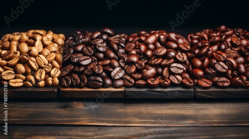 Three different varieties of coffee beans displayed on a dark vintage background with space for text © polack