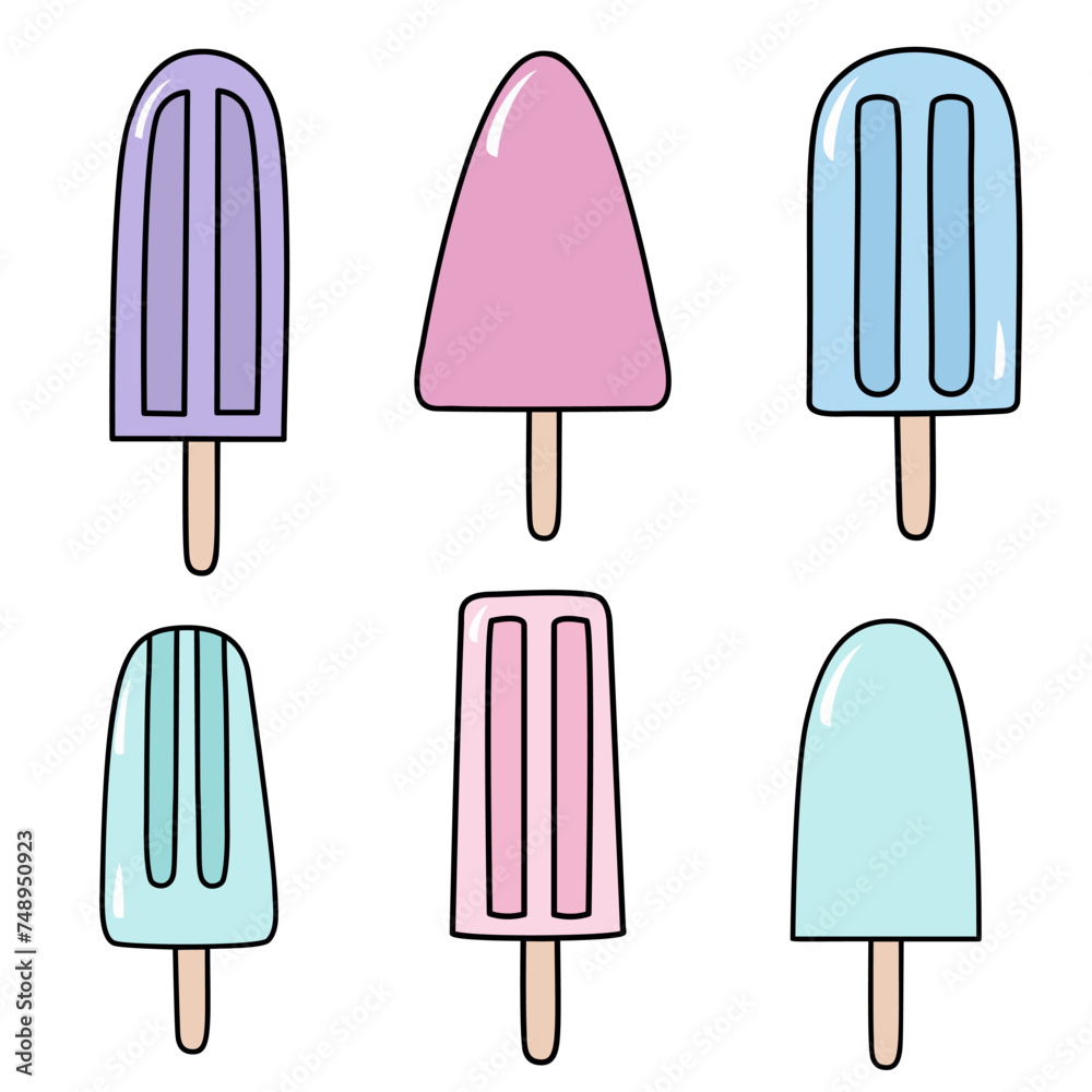 Set of tasty ice creams clipart. Sweet summer delicacy ice-cream and popsicles illustrations with different tastiest.