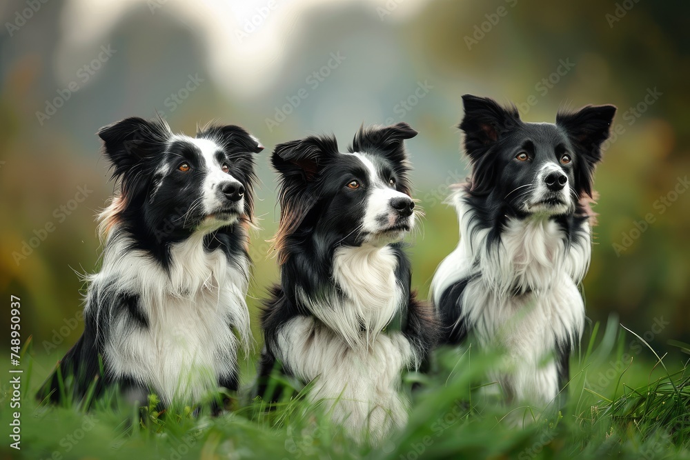 Three Border Collies in Harmony, Embracing Friendship on Lush Green - Generative AI Three Border Collies in Harmony, Embracing Friendship on Lush Green - Generative AI