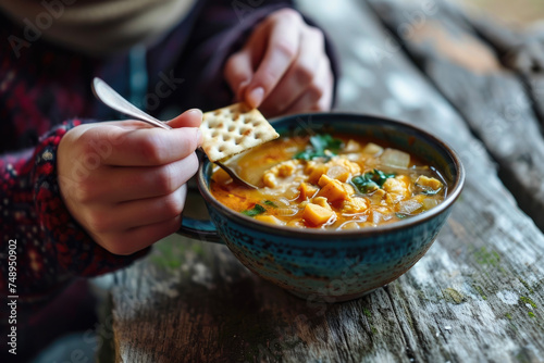 A person eating a bowl of soup with a spoon and a cracker