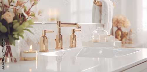 a marble bathroom counter with two gold taps