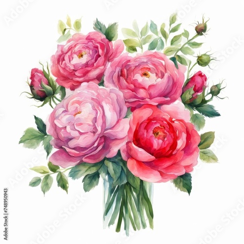 Beautiful bright bouquet of watercolor peonies on white background, Generative AI