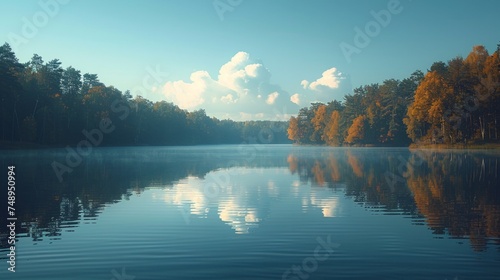 A minimalist composition of a tranquil lake, with calm waters reflecting the ...