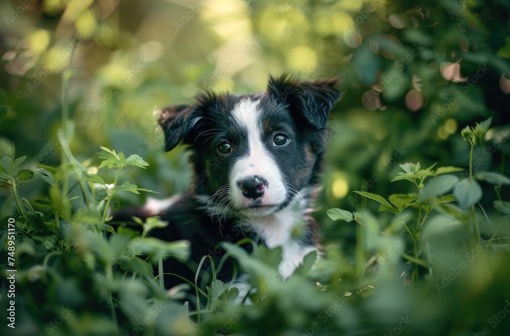 Fototapeta premium Charming Border Collie Puppy Amidst a Whimsical Garden Glow - Generative AI