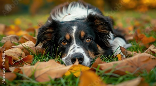 Intimate Autumn Moment with a Soulful Black and White Dog - Generative AI