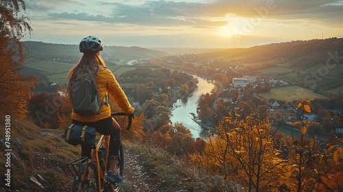 A woman is cycling on a hill with a view of the river under the cloudy sky