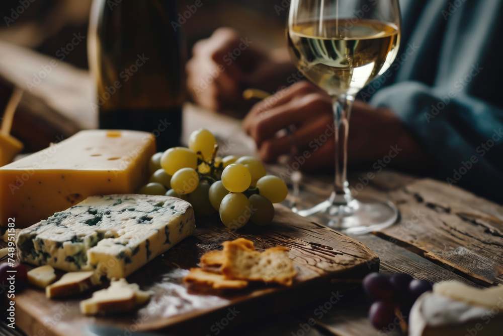 A person drinking a glass of wine with a cheese and a grape