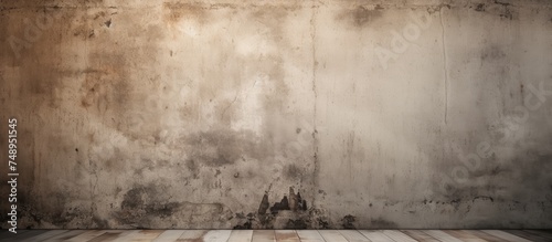 The room is empty, with a floor featuring striped patterns and a wall that appears worn and aged. The overall atmosphere is desolate and neglected, with a sense of decay and deterioration evident. photo