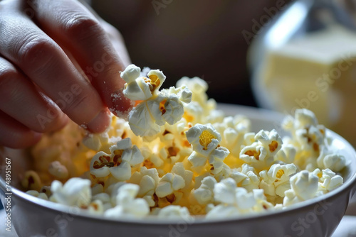 A person eating a bowl of popcorn with a salt and a butter