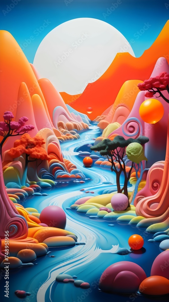 Surreal Colorful Landscape with Flowing River and Trees