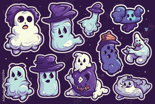Big collection of simple flat ghosts. Halloween scary ghostly monsters. Cute cartoon spooky character.