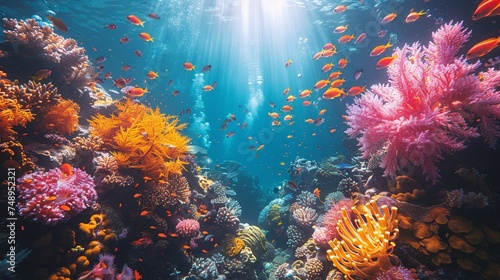 Vibrant coral reef teeming with fish and corals in underwater world